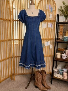 Me and You Y2K Dark Blue Denim Puff-Sleeve Midi Dress